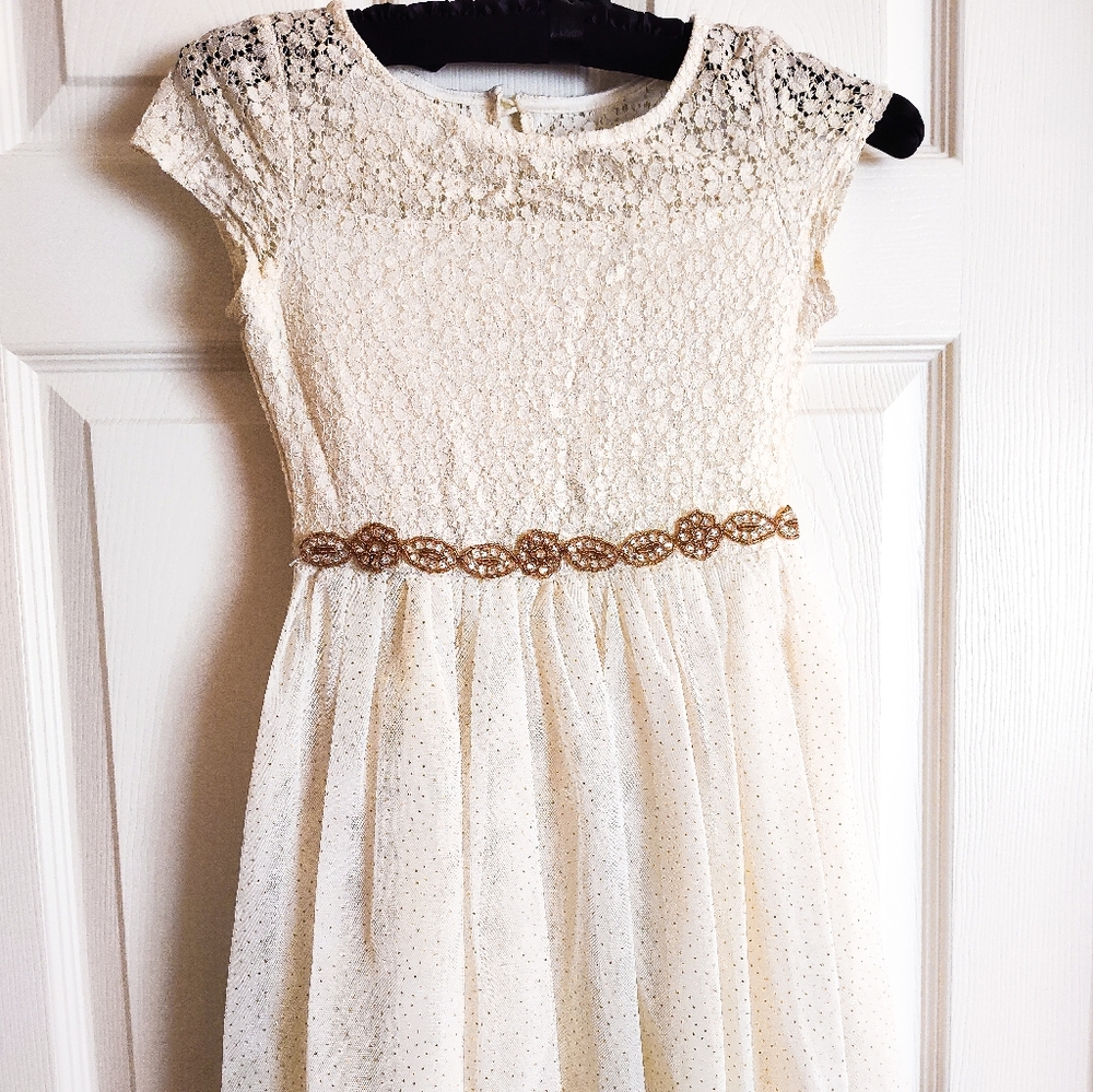 Sequin Hearts Ivory Lace Dress with Gold Accents